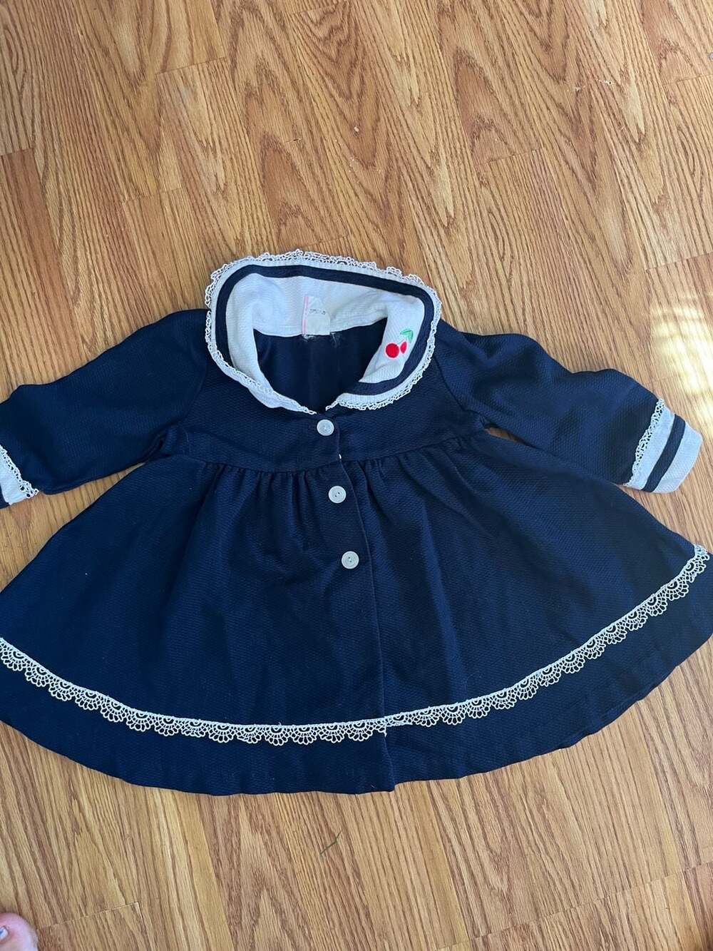 Little Bitty Navy Blue and White Long Sleeve Dress with Cherry Embroidery, Size